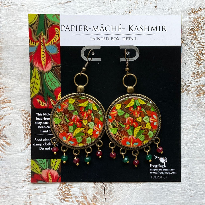 Gul Hazara-Inspired Kashmiri Naqashi Floral Print Beaded Drop Metal Earrings