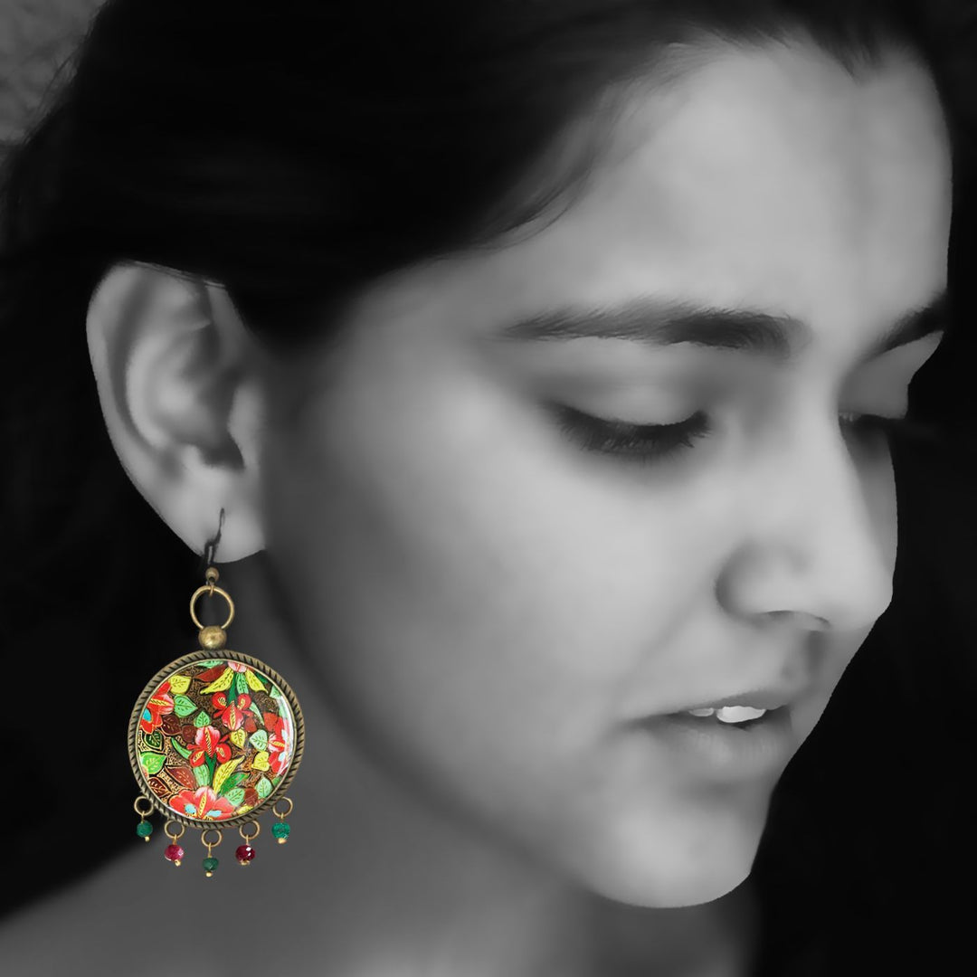 Gul Hazara-Inspired Kashmiri Naqashi Floral Print Beaded Drop Metal Earrings