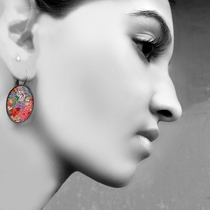 Oval Kashmiri Hazarposh Red Floral Art Metal Earrings