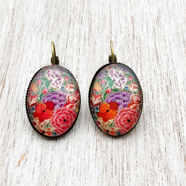 Oval Kashmiri Hazarposh Red Floral Art Metal Earrings