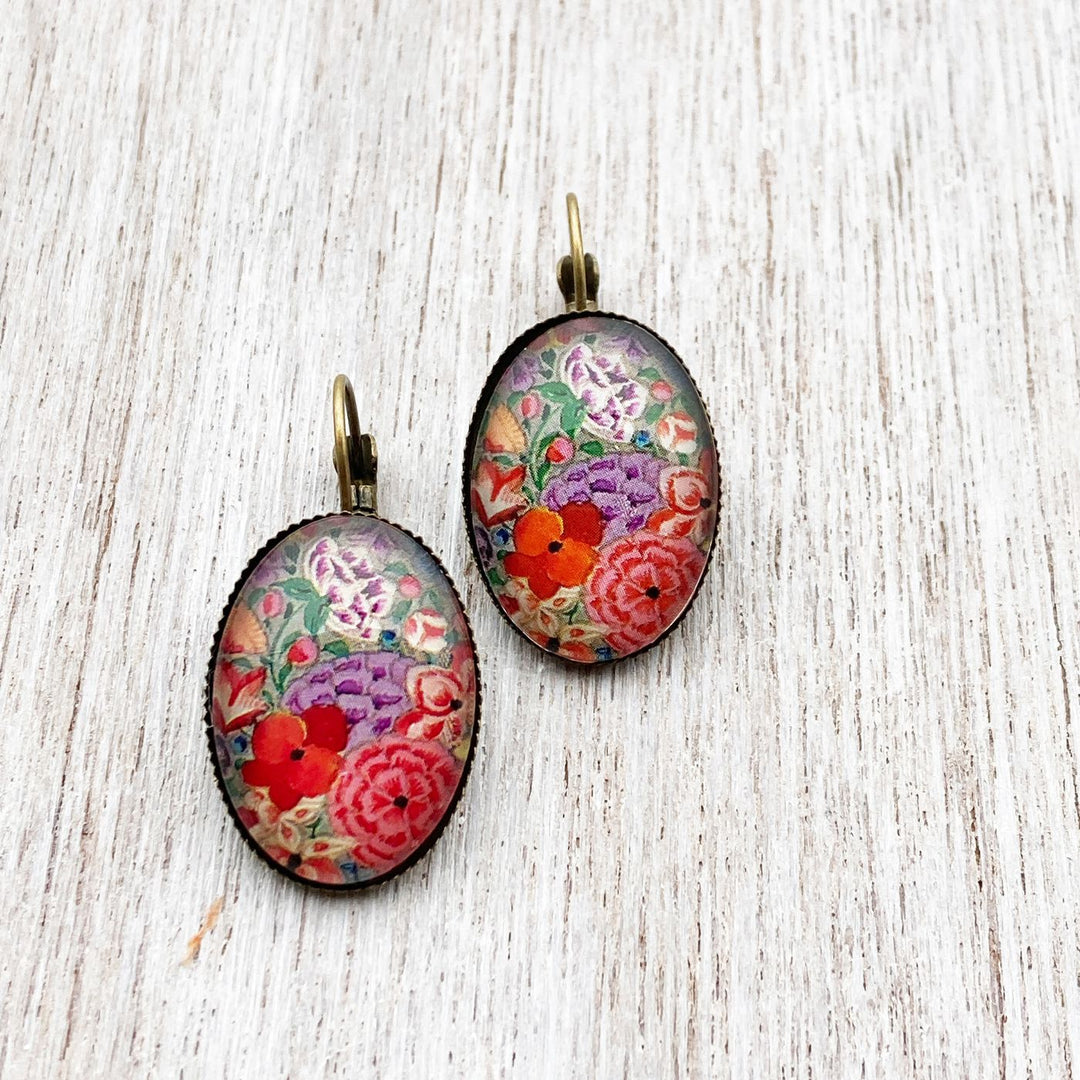 Oval Kashmiri Hazarposh Red Floral Art Metal Earrings