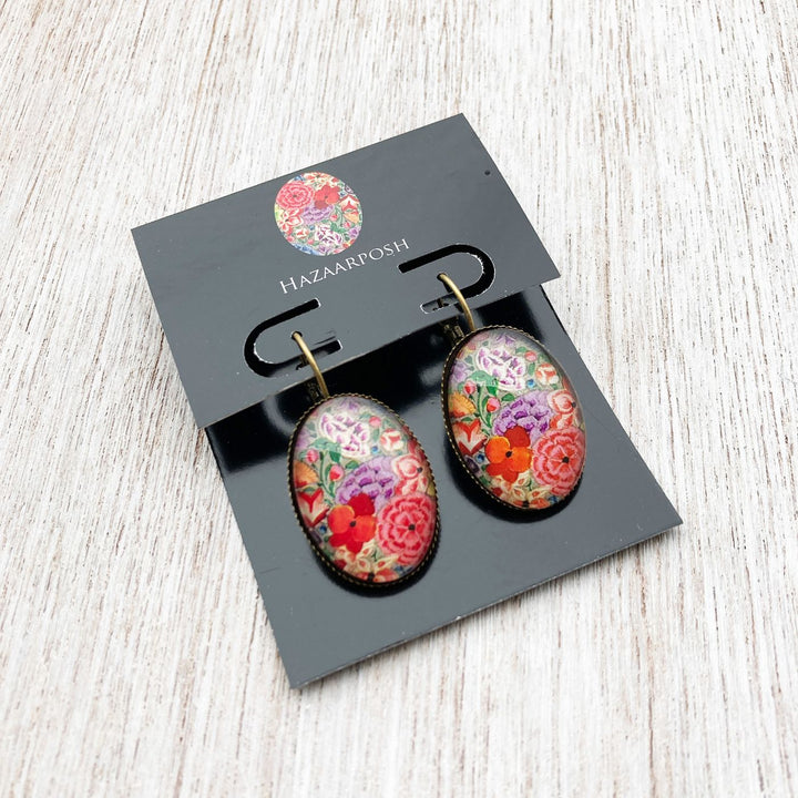 Oval Kashmiri Hazarposh Red Floral Art Metal Earrings