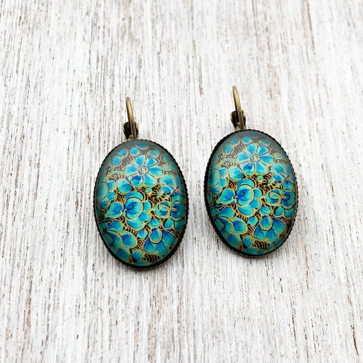 Oval Shikha Green Floral Art Metal Earrings