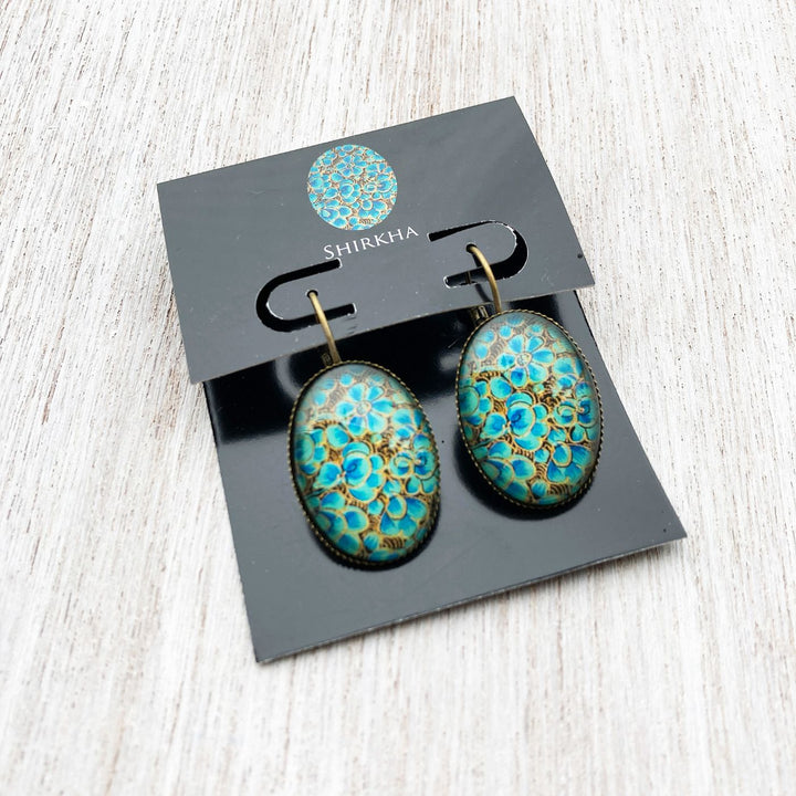 Oval Shikha Green Floral Art Metal Earrings