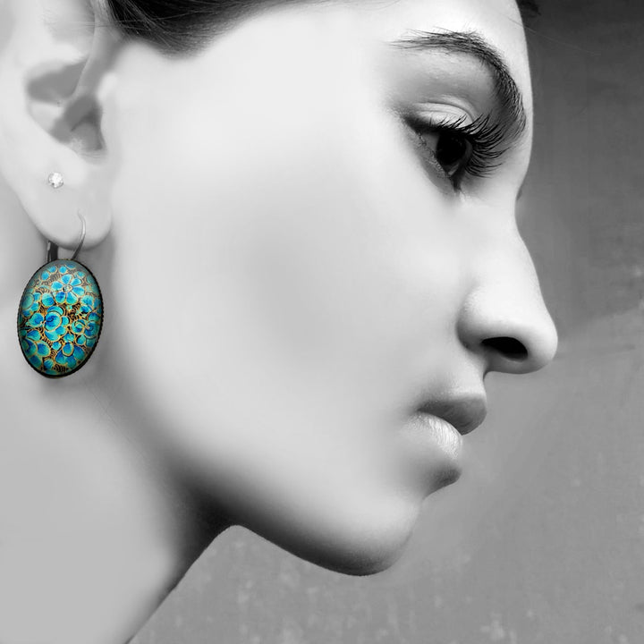 Oval Shikha Green Floral Art Metal Earrings