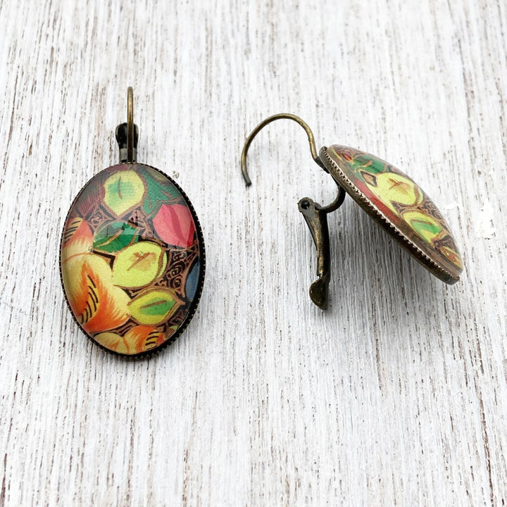 Oval Kashmiri Hazarposh Colorful Leaf Art Metal Earrings