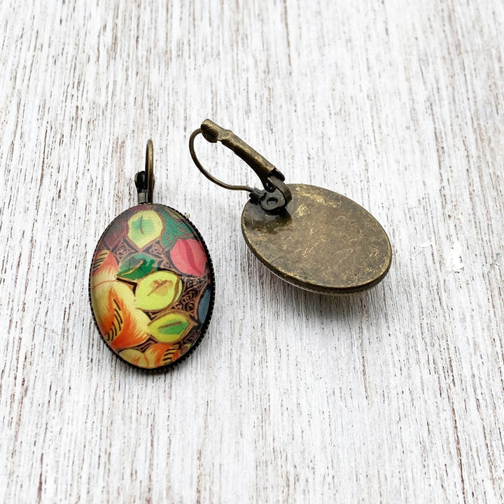 Oval Kashmiri Hazarposh Colorful Leaf Art Metal Earrings