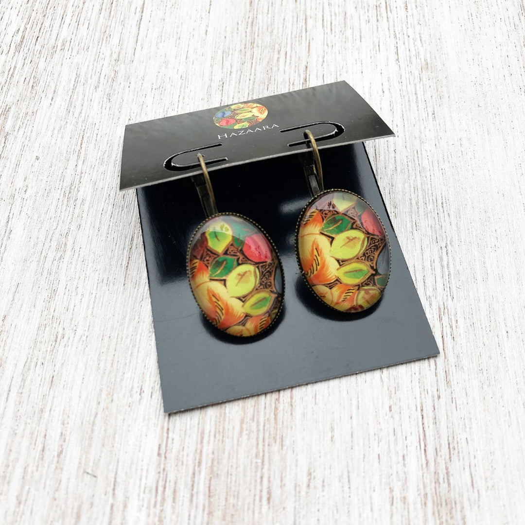 Oval Kashmiri Hazarposh Colorful Leaf Art Metal Earrings