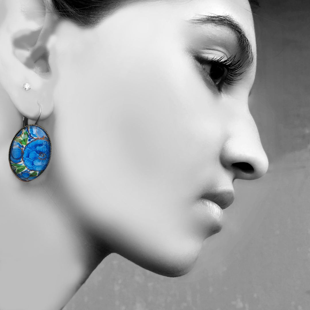 Oval Kashmiri Flower Within Flower Design Metal Earrings