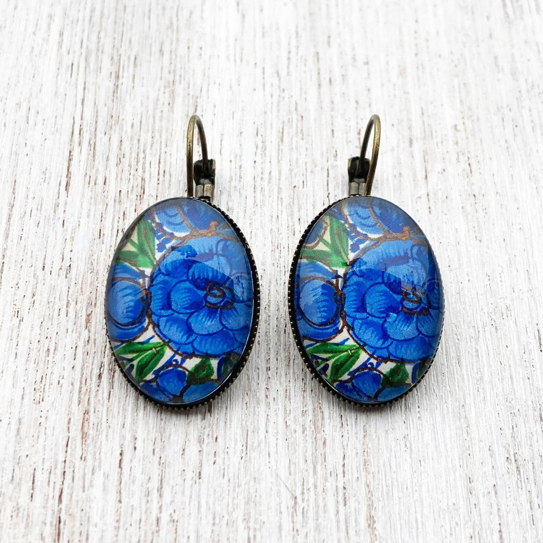 Oval Kashmiri Flower Within Flower Design Metal Earrings