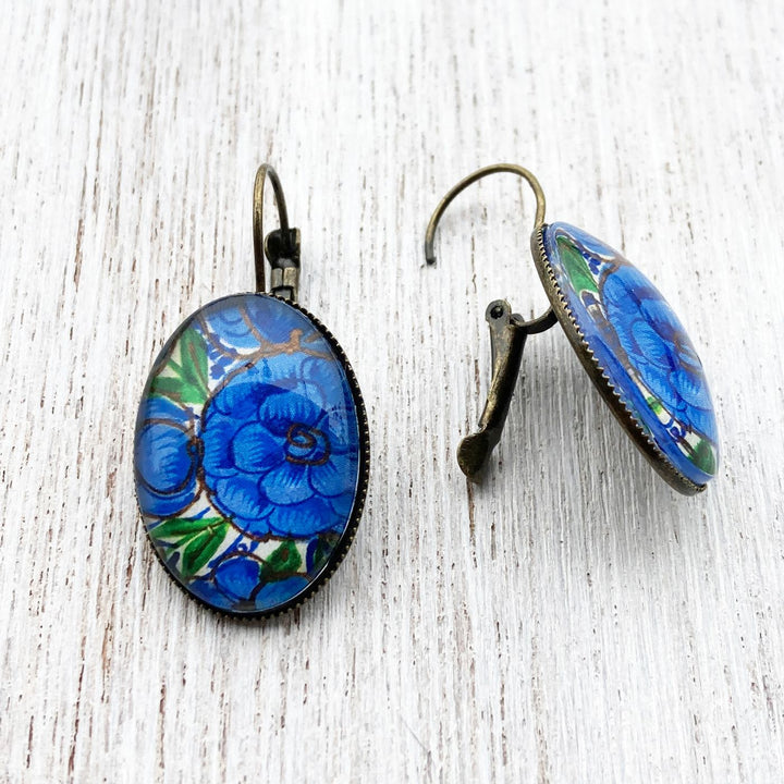 Oval Kashmiri Flower Within Flower Design Metal Earrings