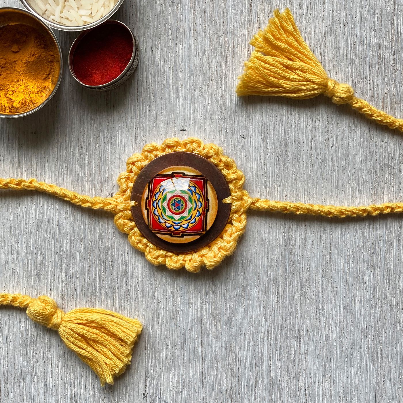 Buy Handcrafted Crochet Folk Art Mandala Rakhi With Rice, Roli, Haldi ...
