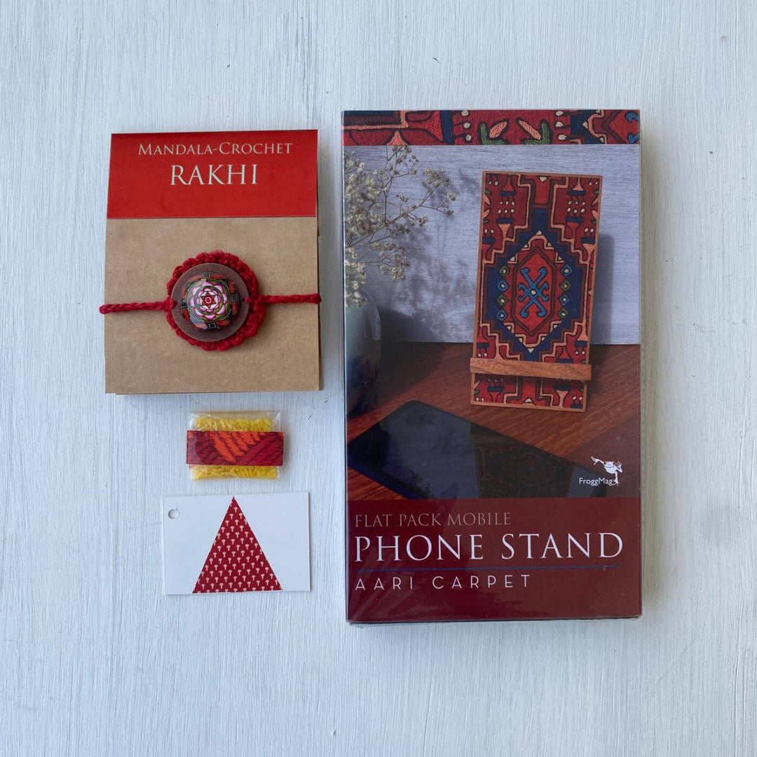 Handcrafted Crochet Folk Art Rakhi Hamper With Rice Roli Haldi - Gift Set Components Display