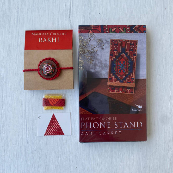 Handcrafted Crochet Folk Art Rakhi Hamper With Rice Roli Haldi - Gift Set Components Display