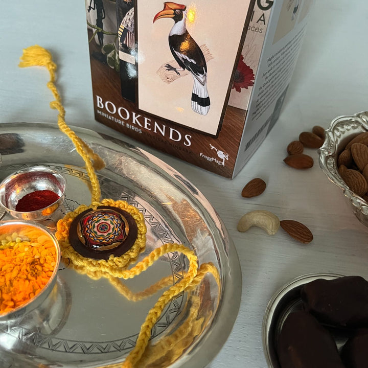 Handcrafted Crochet Folk Art Rakhi Hamper For Young Adults With Rice, Roli, Haldi