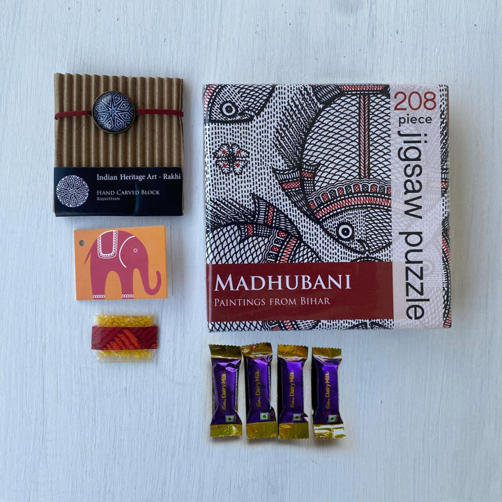 Handcrafted Folk Art Rakhi Hamper For Kids With Rice Roli Haldi 3 - Labeled contents layout repeated