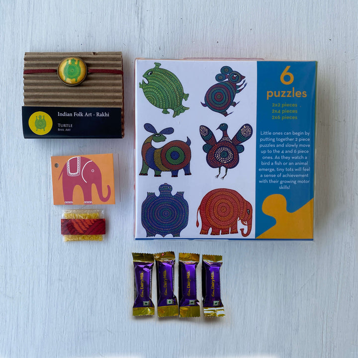 Handcrafted Folk Art Rakhi Hamper For Toddlers With Rice, Roli, Haldi