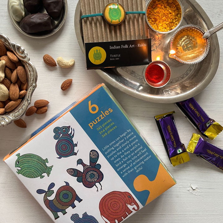 Handcrafted Folk Art Rakhi Hamper For Toddlers With Rice, Roli, Haldi