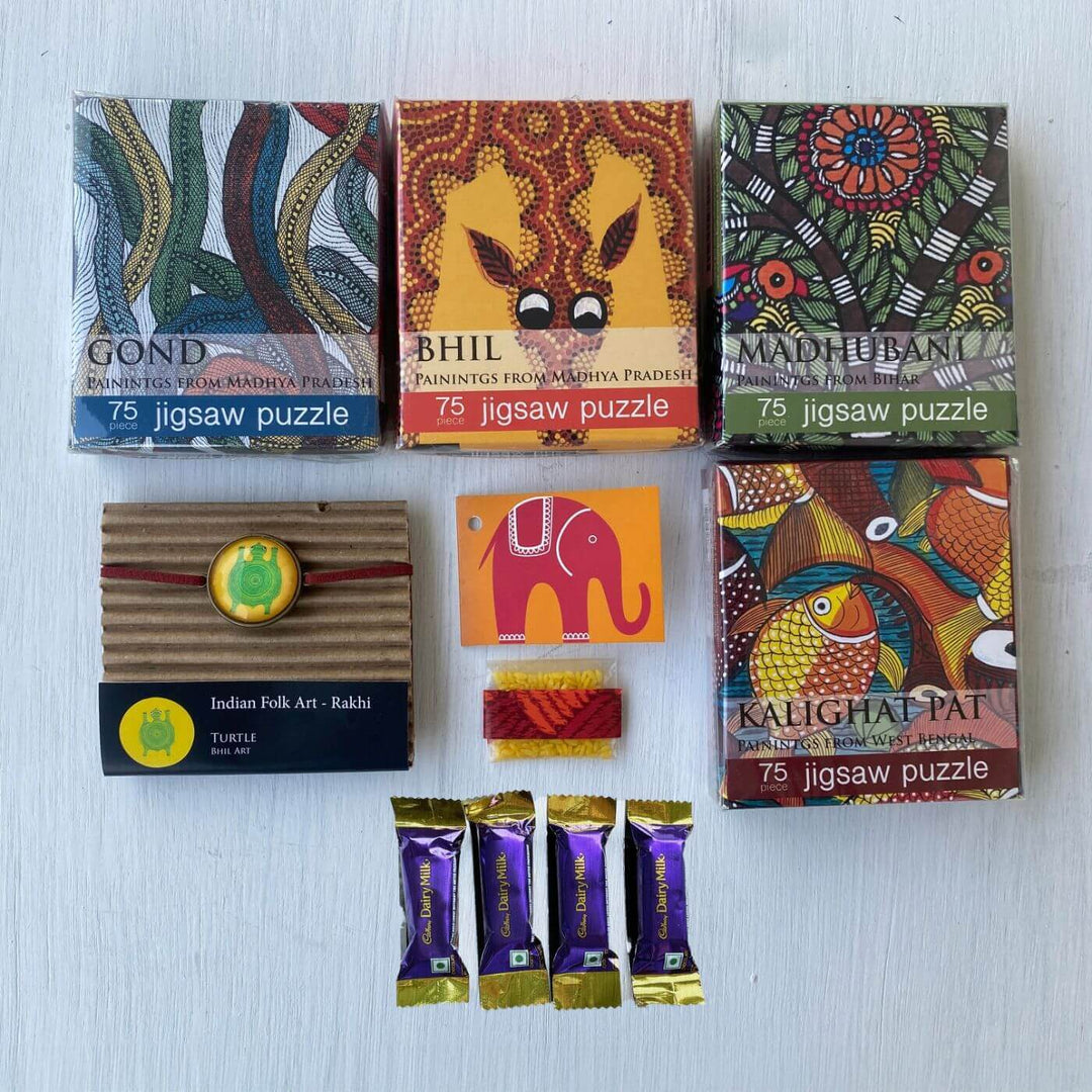 Handcrafted Folk Art Rakhi Hamper For Kids With Rice Roli Haldi 1 - Gift Set Contents Close-Up