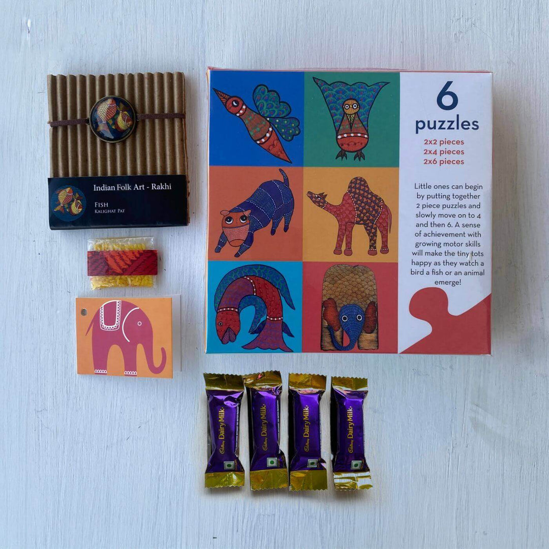 Handcrafted Folk Art Rakhi Hamper For Toddlers With Rice, Roli, Haldi
