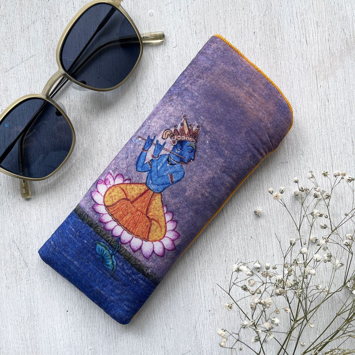 Hand-Painted Pahadi Miniature Krishna Art Canvas Sunglass Cover