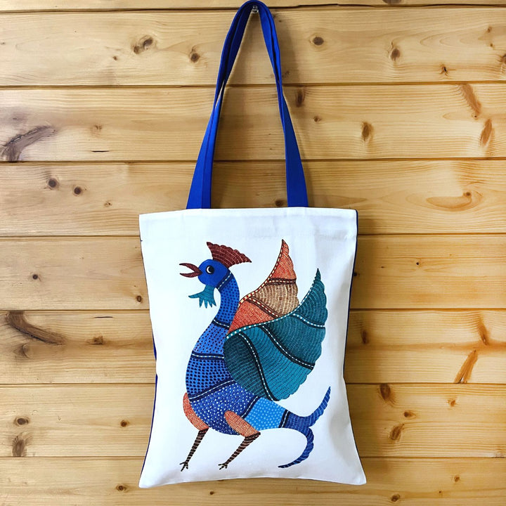 Hand-Painted Gond Art Roaster Design Canvas Tote Bag