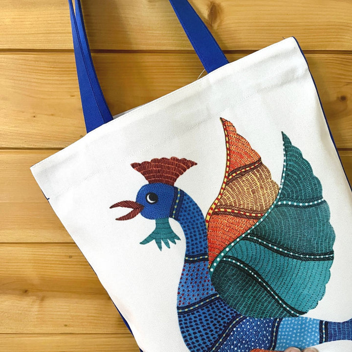 Hand-Painted Gond Art Roaster Design Canvas Tote Bag
