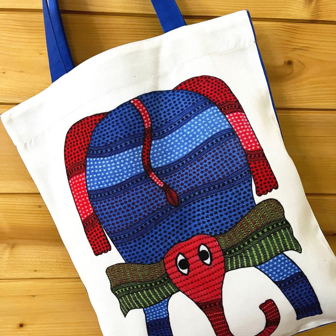 Hand-Painted Gond Art Elephant Design Canvas Tote Bag