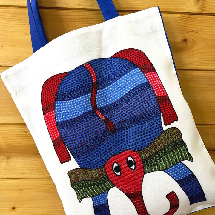Hand-Painted Gond Art Elephant Design Canvas Tote Bag