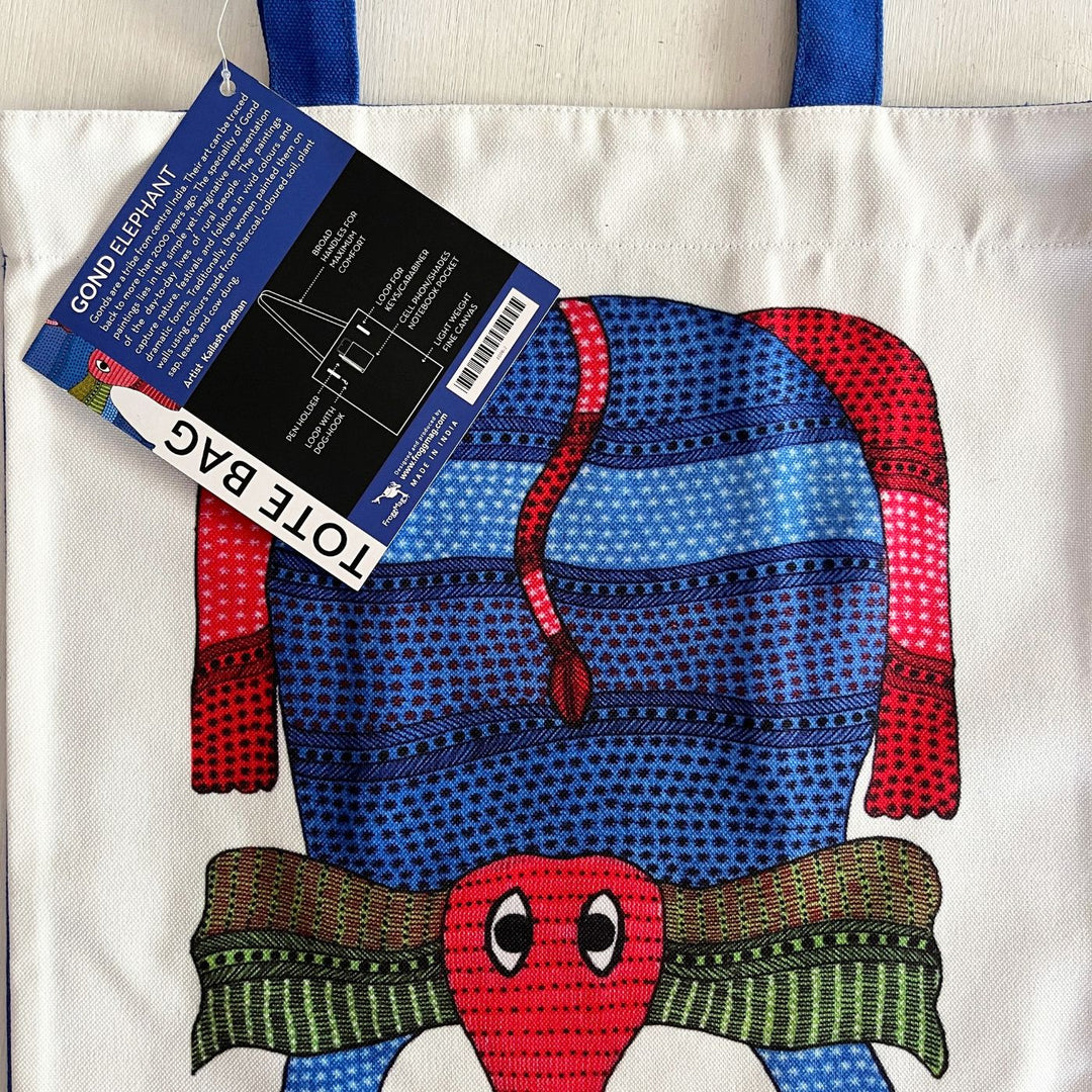 Hand-Painted Gond Art Elephant Design Canvas Tote Bag