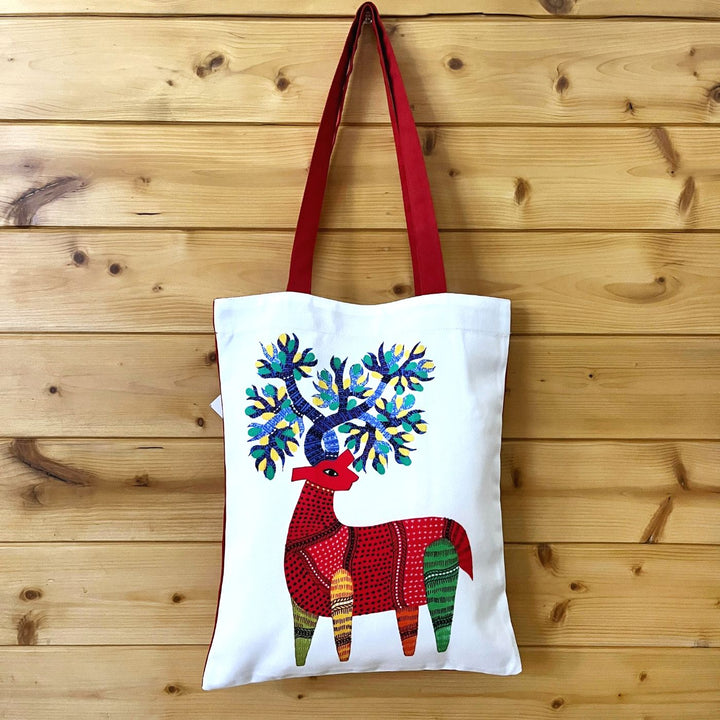 Hand-Painted Gond Art Deer Design Canvas Tote Bag