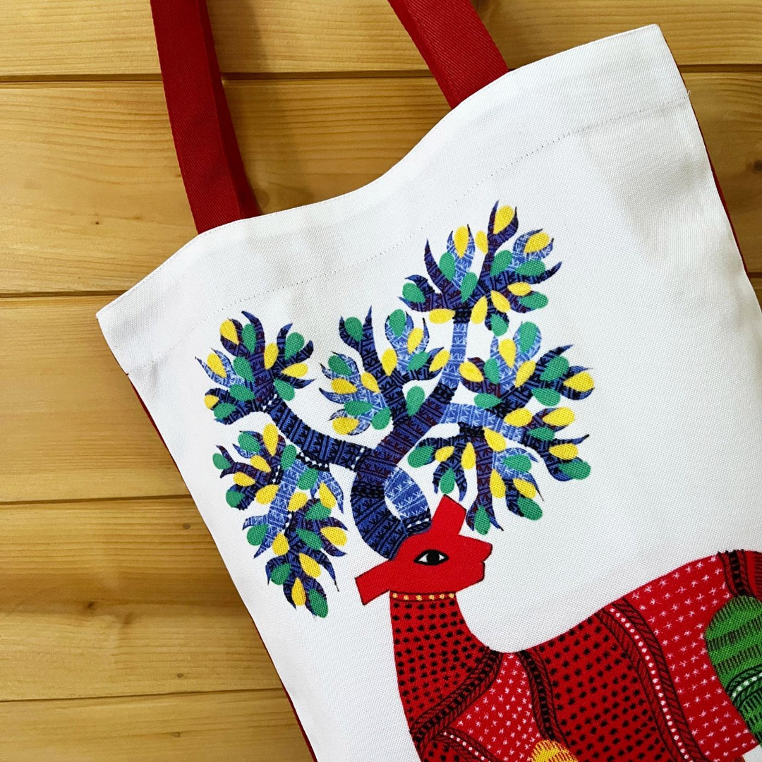 Hand-Painted Gond Art Deer Design Canvas Tote Bag
