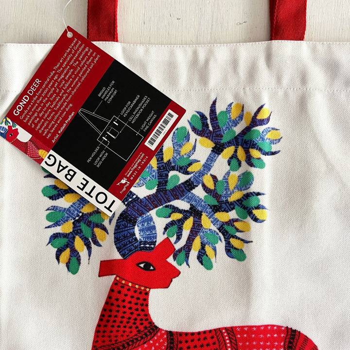 Hand-Painted Gond Art Deer Design Canvas Tote Bag