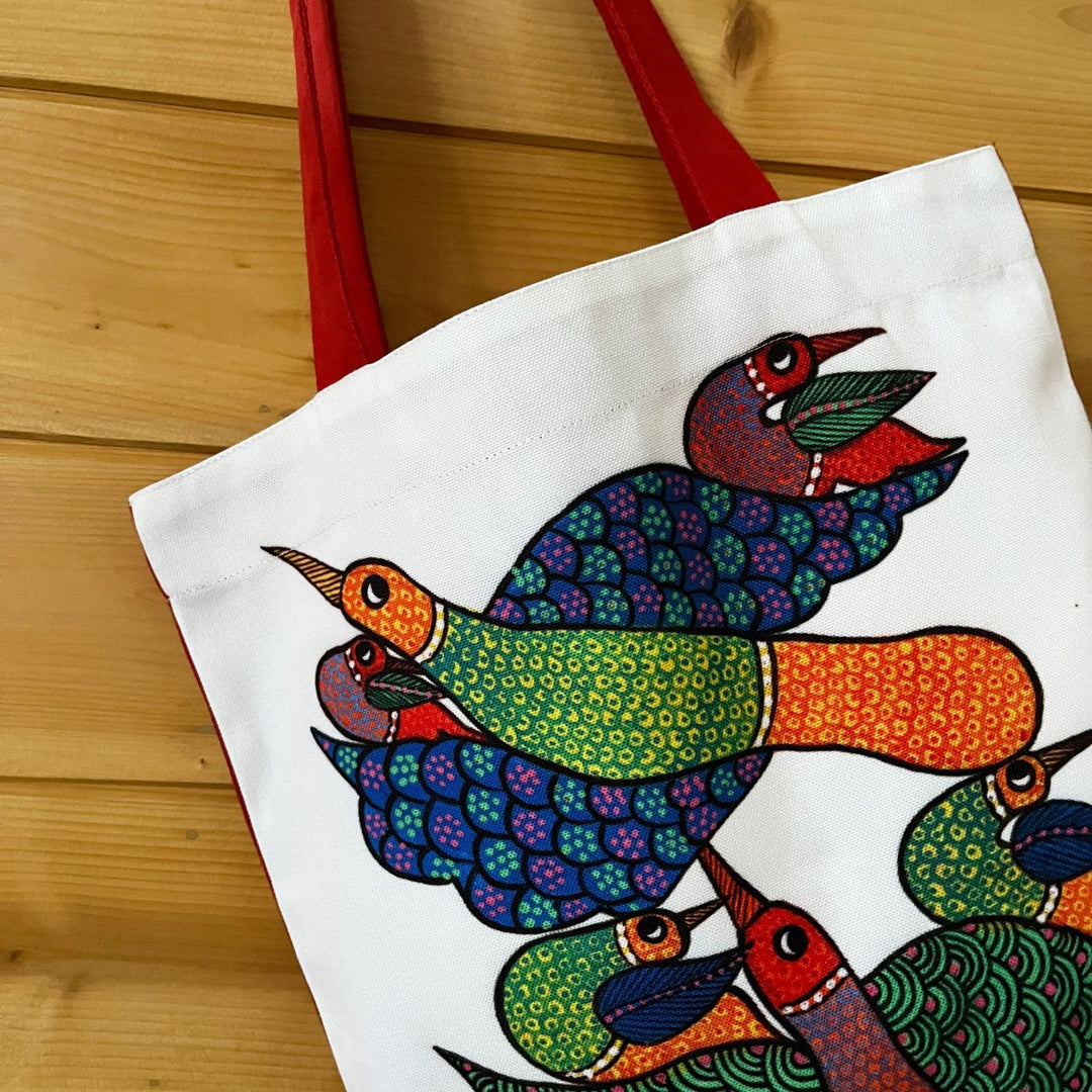 Hand-Painted Gond Art Bird Design Canvas Tote Bag