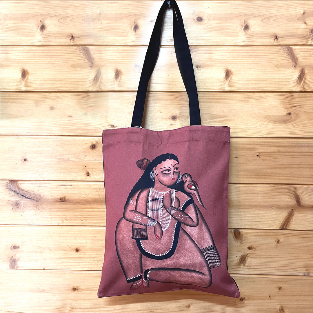 Hand-Painted Kalighat Lady Design Canvas Tote Bag