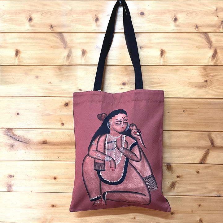 Hand-Painted Kalighat Lady Design Canvas Tote Bag