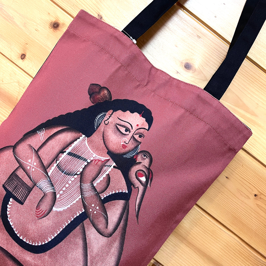 Hand-Painted Kalighat Lady Design Canvas Tote Bag
