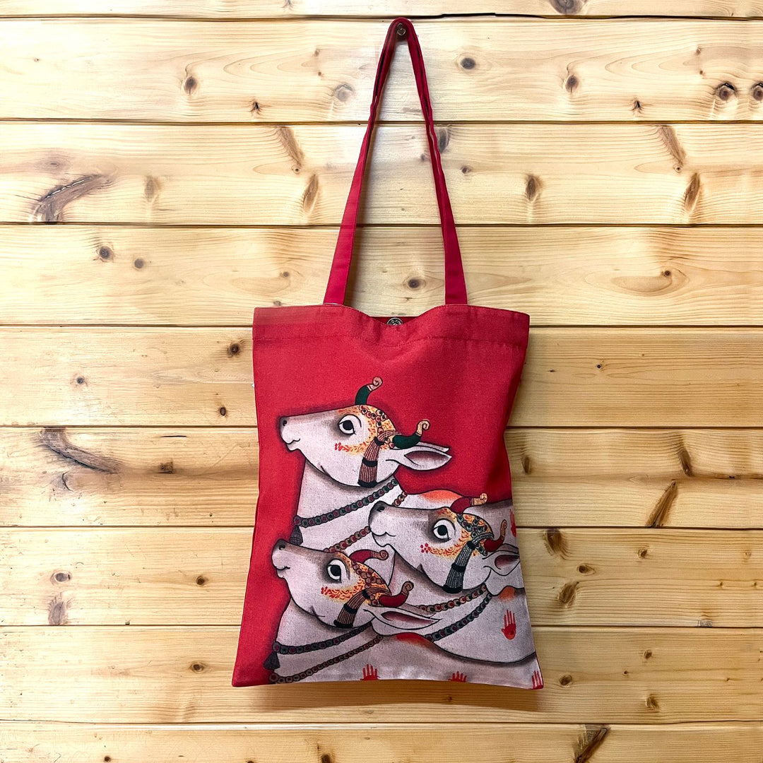 Hand-Painted Gond Art Red Pichwai Cows Design Canvas Tote Bag