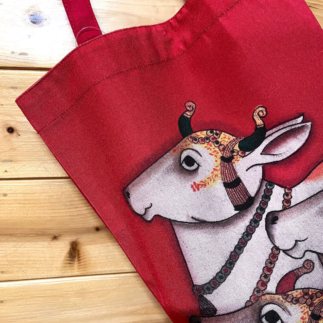 Hand-Painted Gond Art Red Pichwai Cows Design Canvas Tote Bag