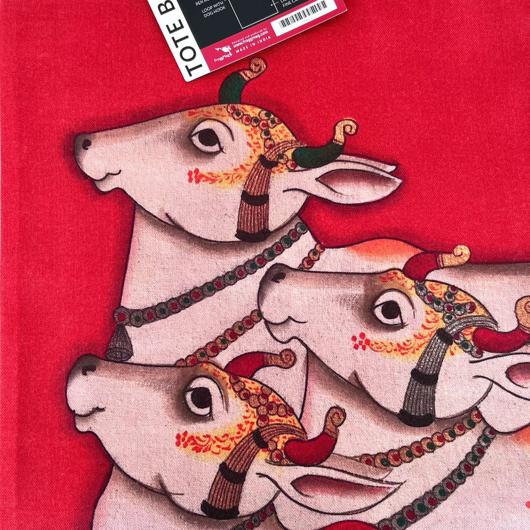 Hand-Painted Gond Art Red Pichwai Cows Design Canvas Tote Bag
