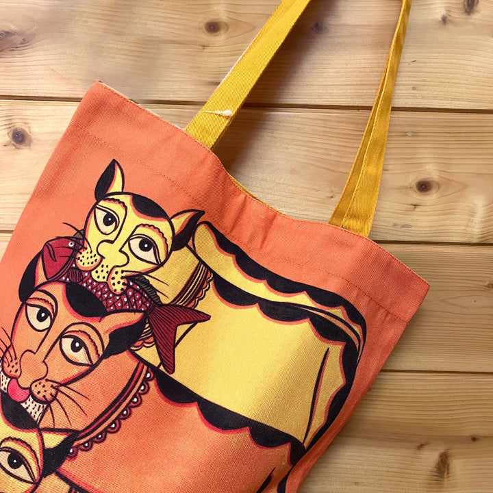 Hand-Painted Kalighat Cats Design Canvas Tote Bag