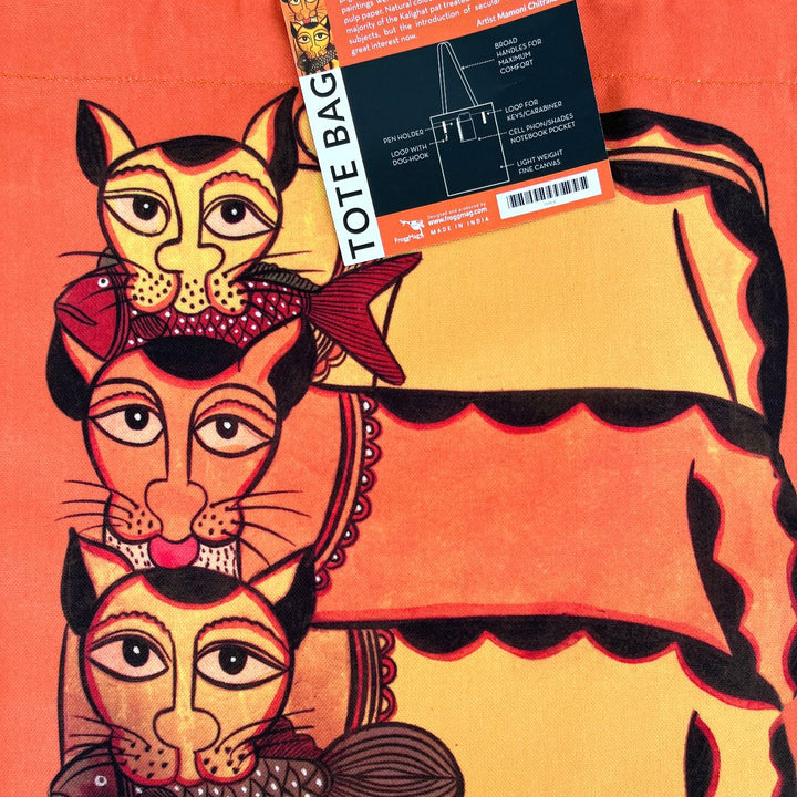 Hand-Painted Kalighat Cats Design Canvas Tote Bag