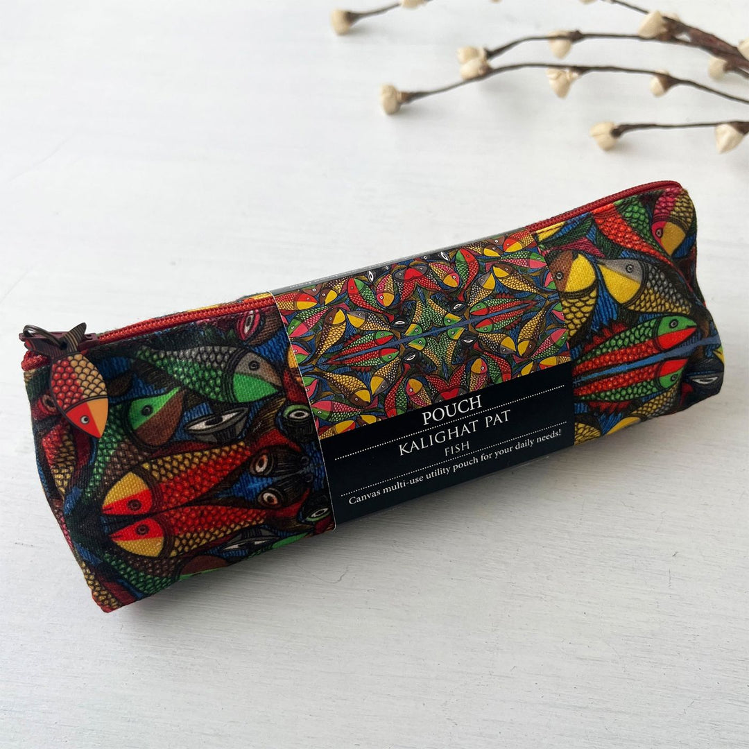 Hand-Painted Kalighat Fish Design Canvas Pouch
