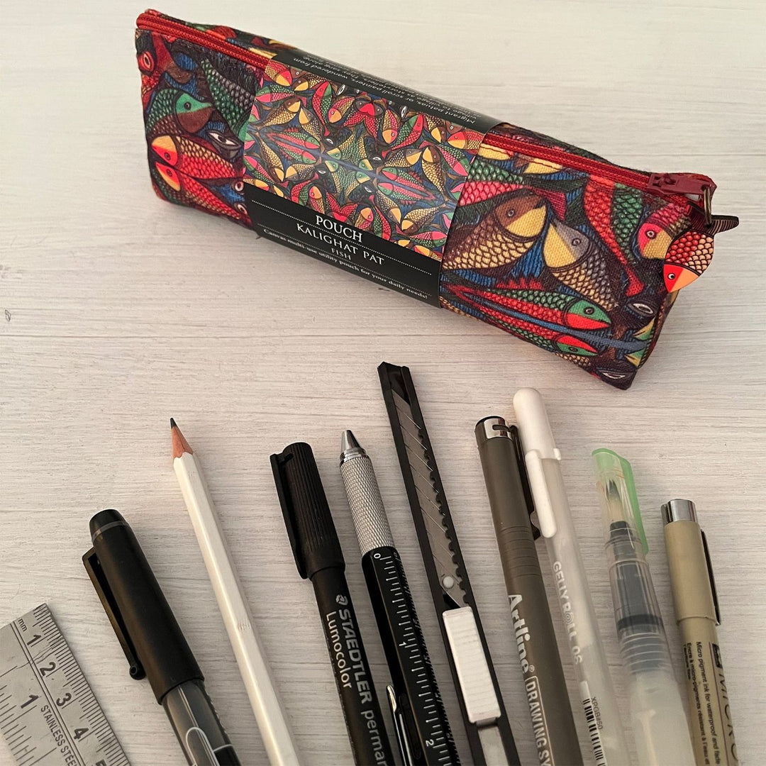 Hand-Painted Kalighat Fish Design Canvas Pouch