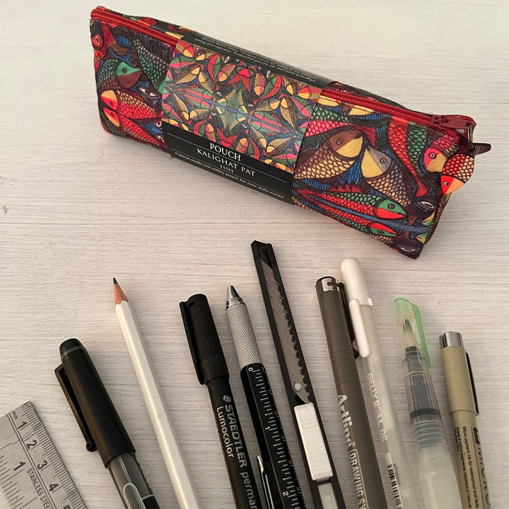 Hand-Painted Kalighat Fish Design Canvas Pouch
