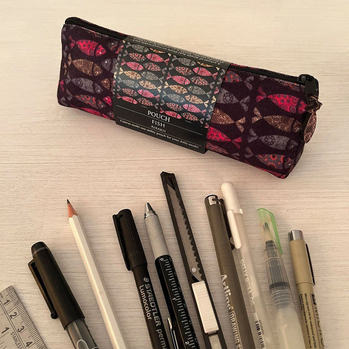 Hand-Painted Ajrakh Fish Design Canvas Pouch