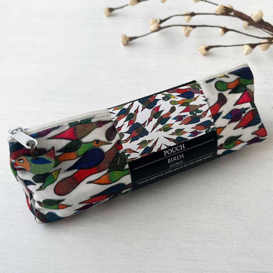 Hand-Painted Gond Art Bird Design Canvas Pouch