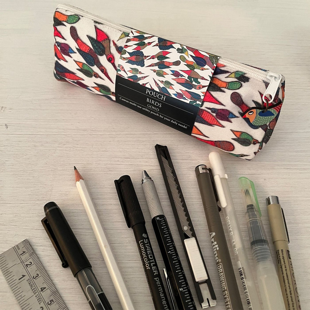 Hand-Painted Gond Art Bird Design Canvas Pouch