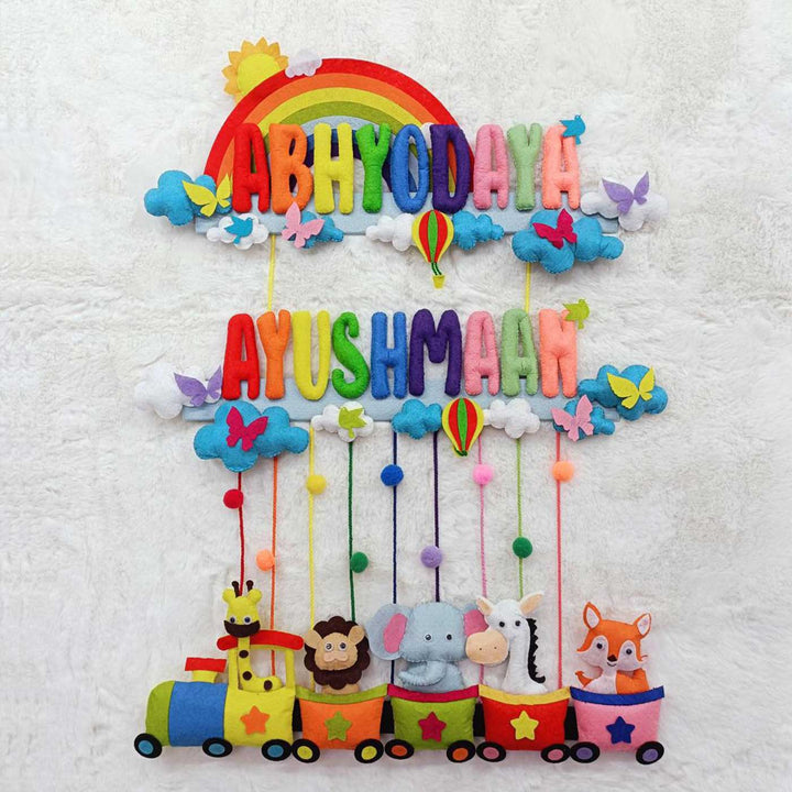 Handcrafted Personalized Felt Name Plate for Siblings | Rainbow Train