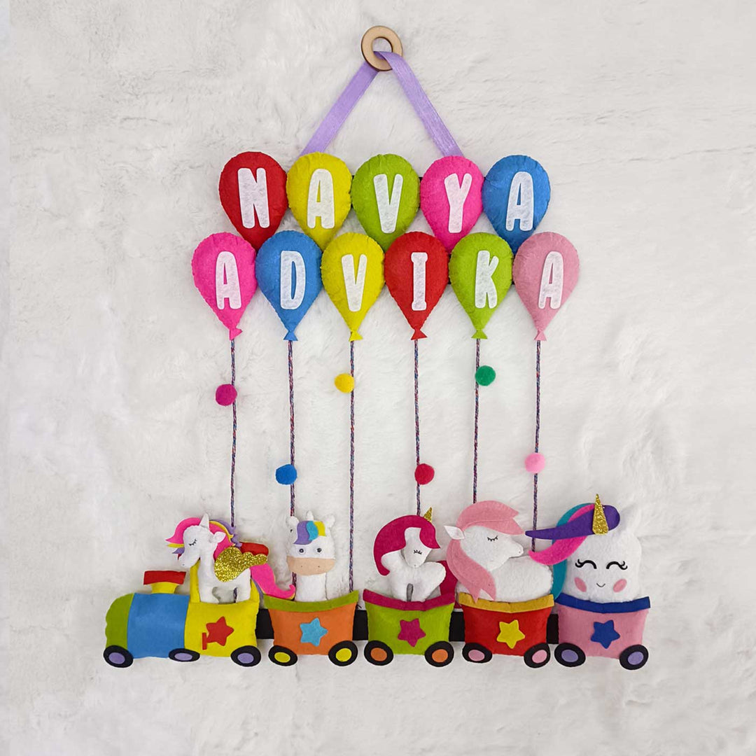 Handcrafted Personalized Felt Name Plate for Siblings | Unicorn Train with Balloons